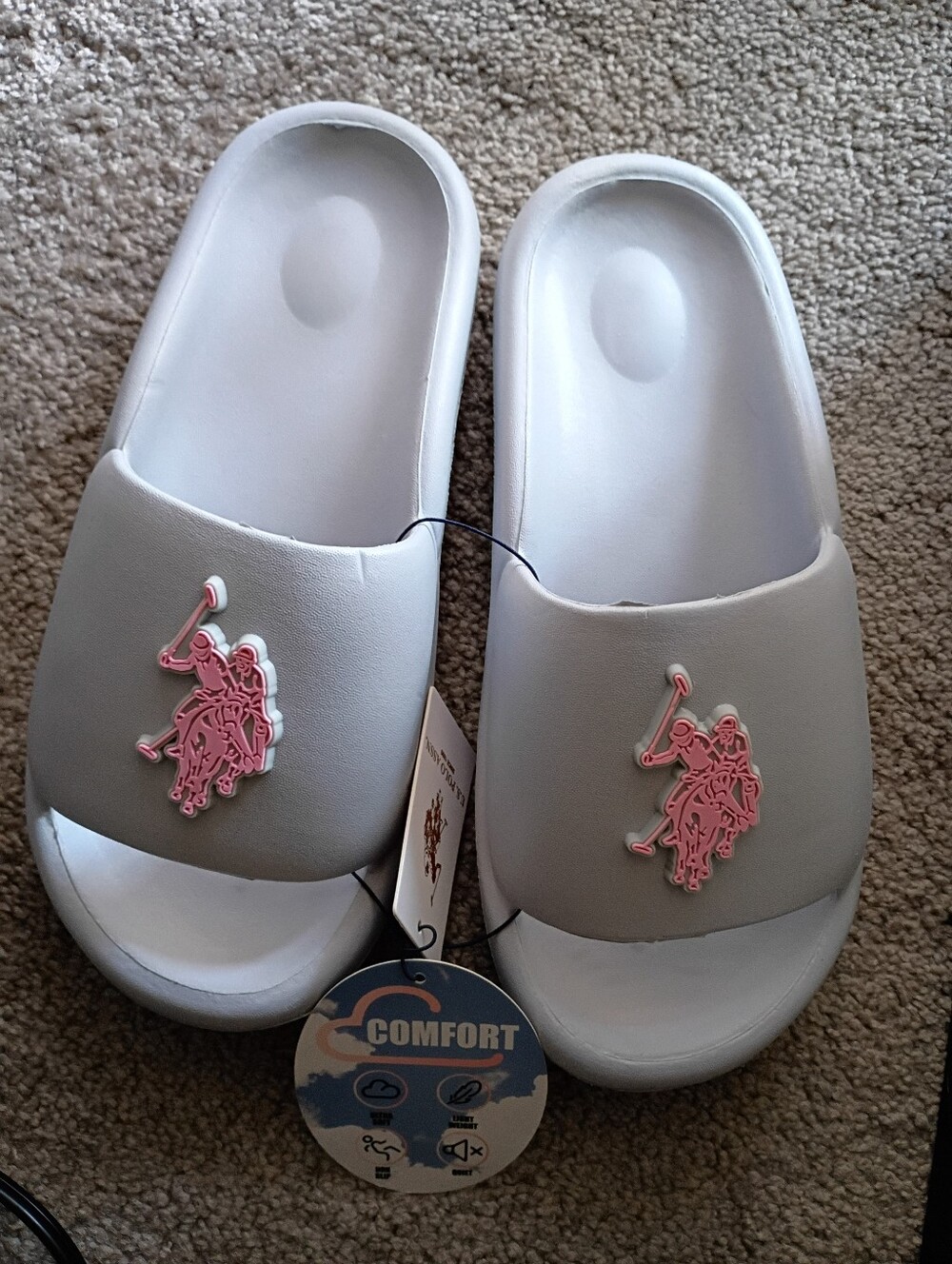 Gray Slide Sandals with Pink Polo Emblem